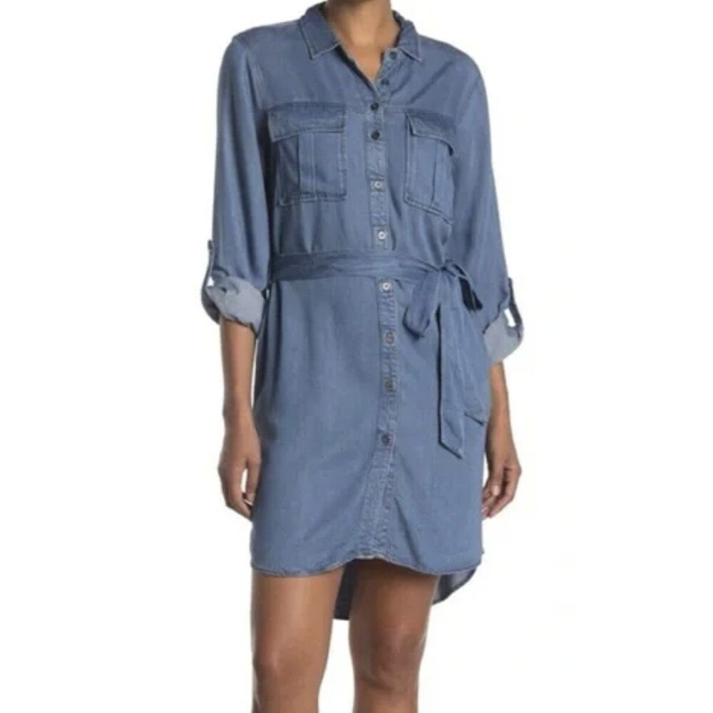 Velvet Heart Blue Long Sleeve Tencel Chambray Denim Button Front Shirt Dress S